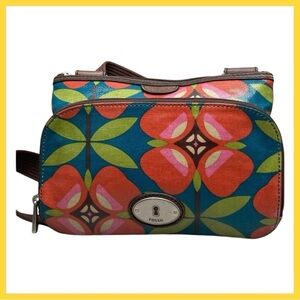 Fossil Key-Per Crossbody Purse Coated Canvas Floral Print with Iconic Key